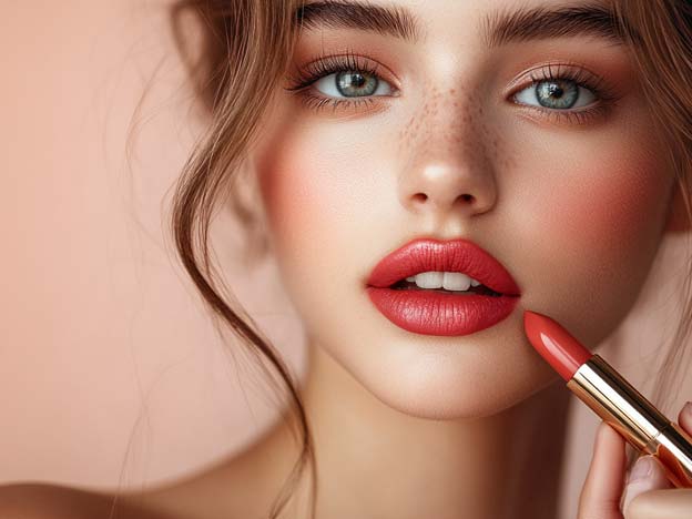 Beauty content creator applying lipstick