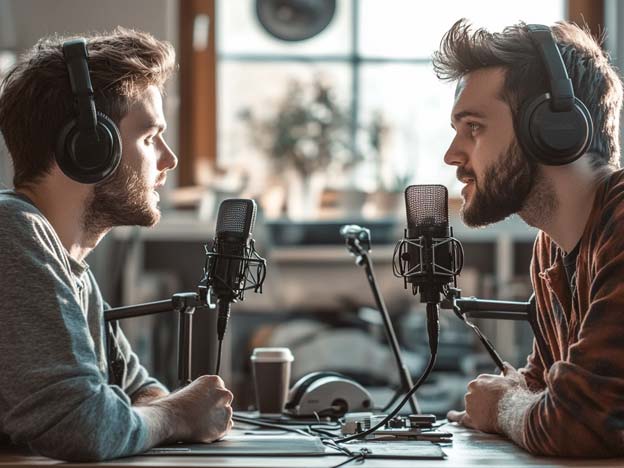 Two podcast hosts in conversations